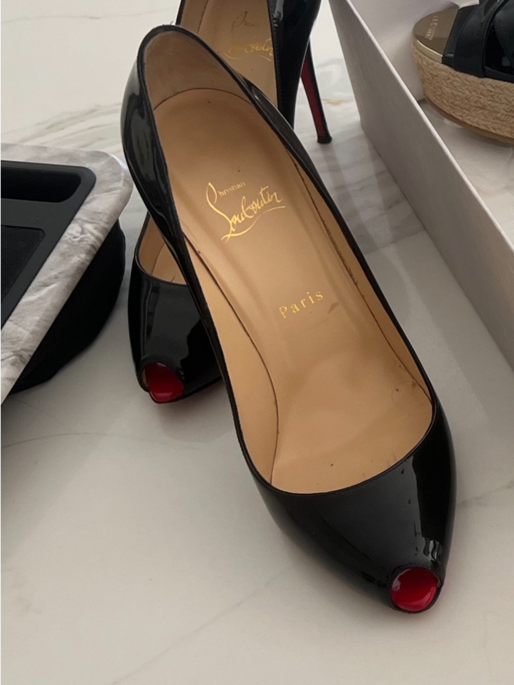 Christian Louboutin Black Patent Peep-Toe Heels with Red Sole